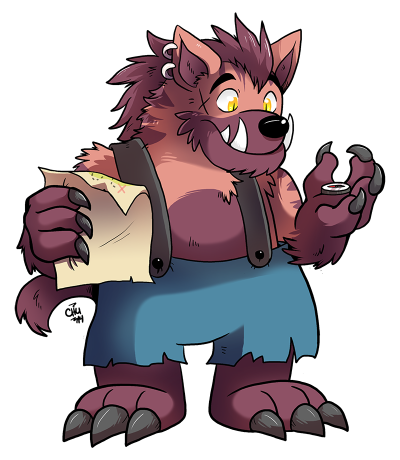 An earth Demon that looks like a striped hyena holding a map and looking at a compass.